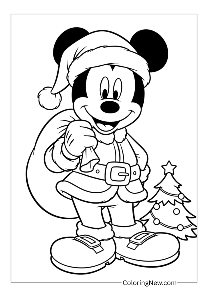 Mickey Mouse wearing full Santa suit with large belt buckle