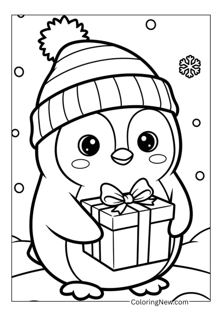 Penguin wearing a winter hat and holding a gift