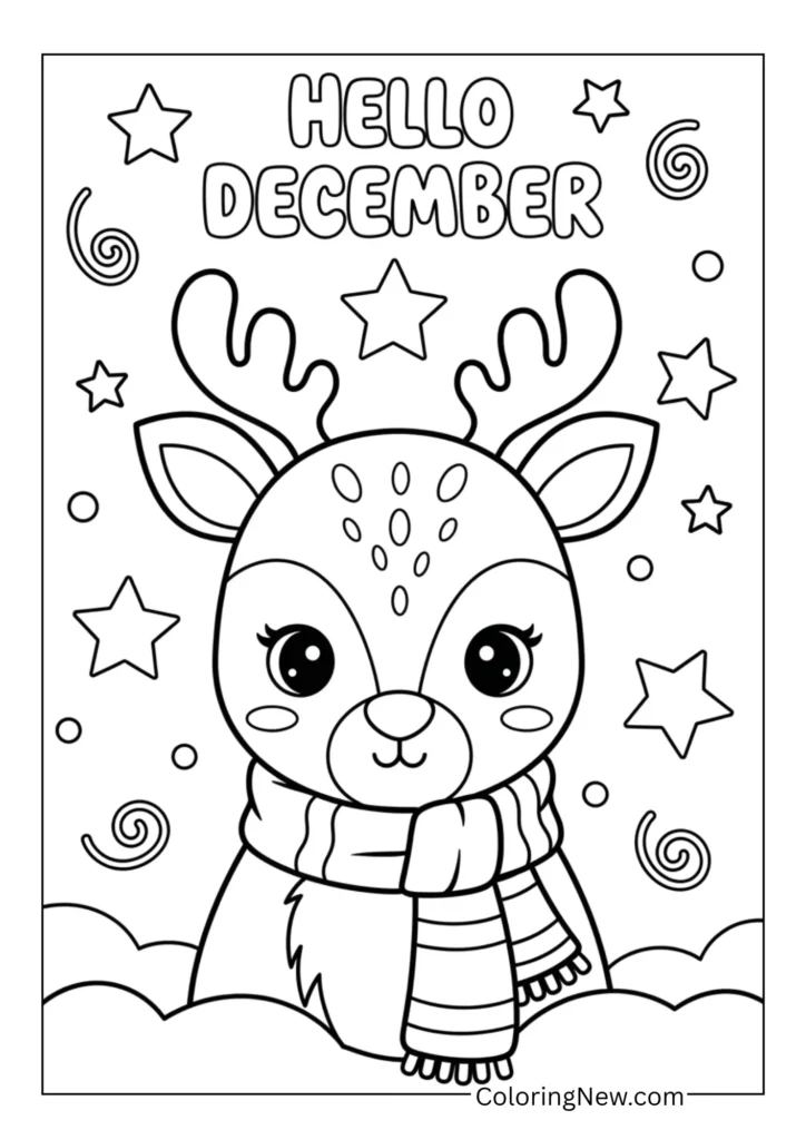Reindeer wearing a scarf with “Hello December” above