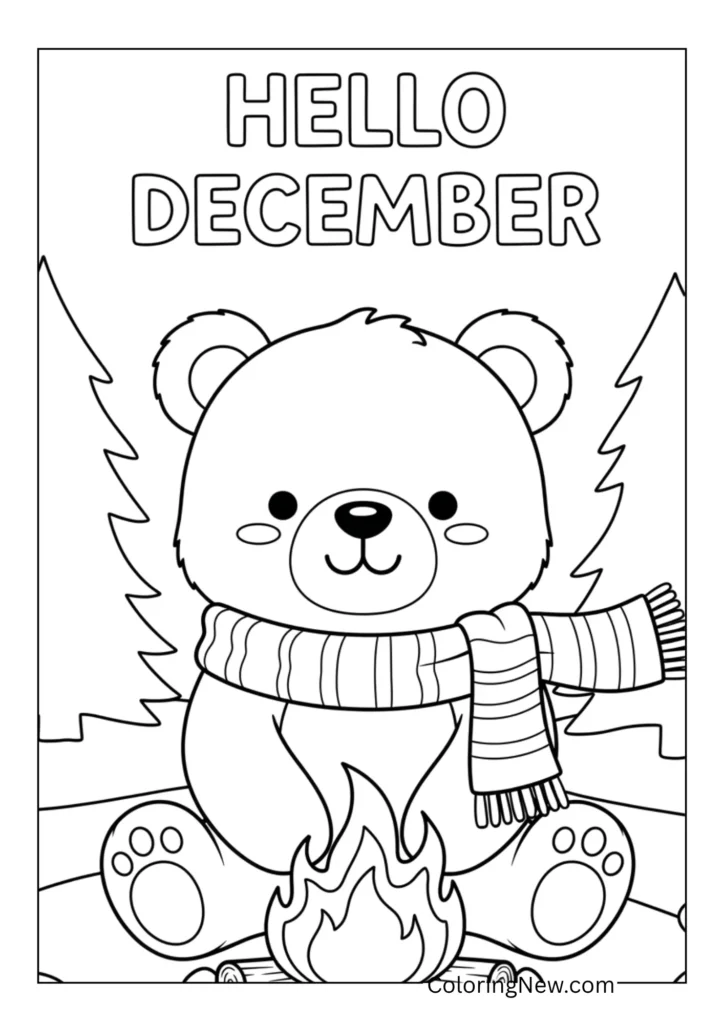 Smiling bear sitting by a campfire in winter, “Hello December” above