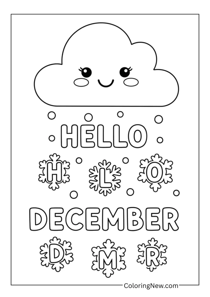 Smiling cloud snowing letters that spell “Hello December”