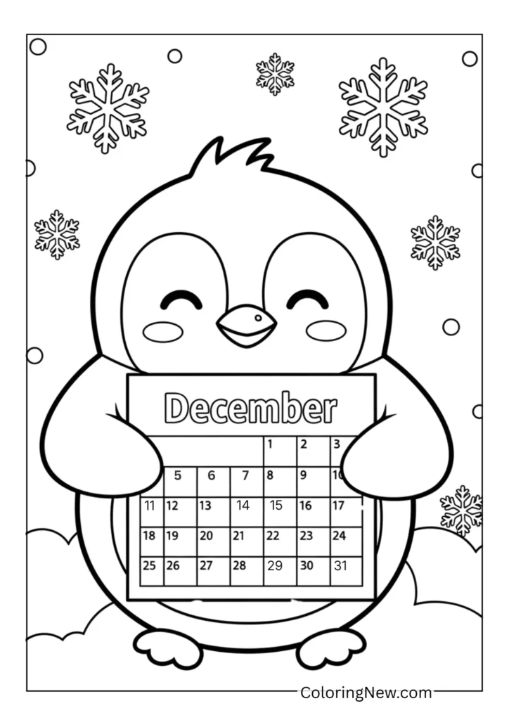 Smiling penguin holding a December calendar page