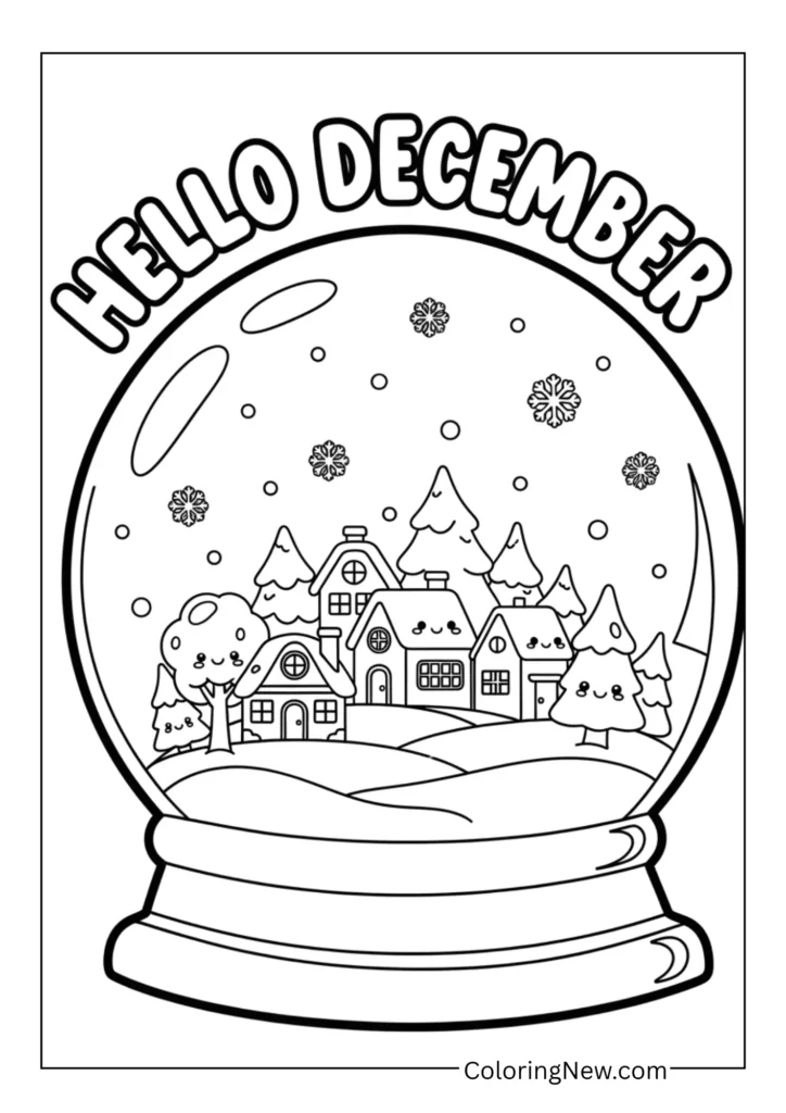 Snow globe featuring a tiny village and “Hello December” inside