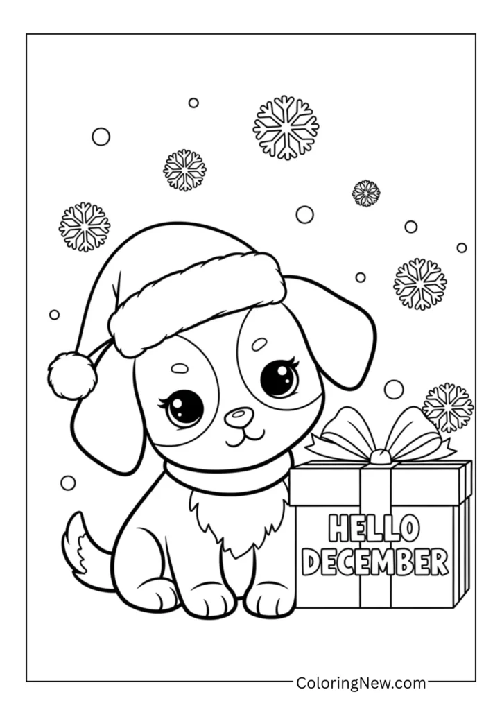 cute puppy in a Santa hat sitting next to a gift box labeled “Hello December”