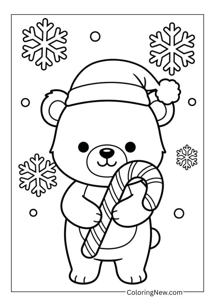 smiling polar bear cub holding a candy cane