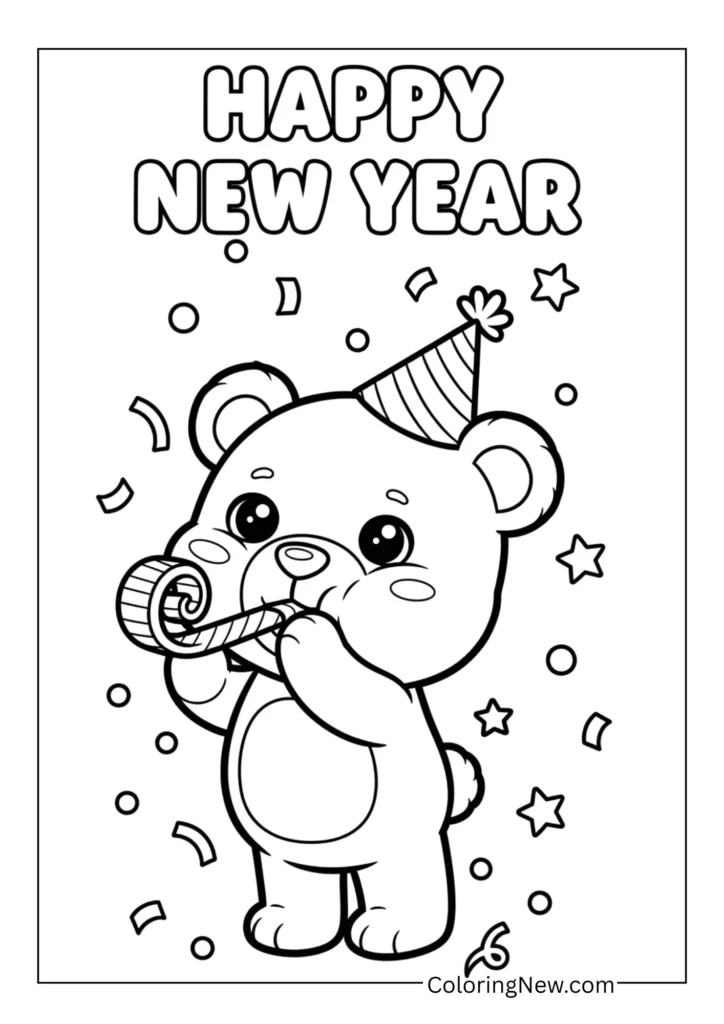 Adorable teddy bear blowing a party horn with confetti falling around