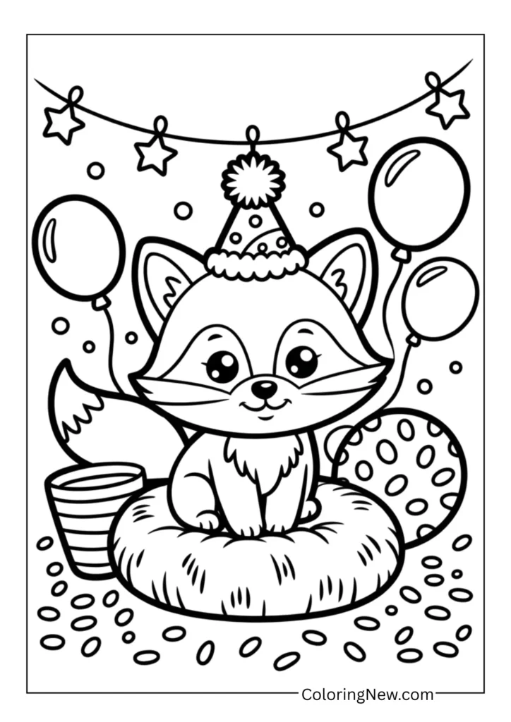 Baby fox wearing a tiny New Year hat sitting beside party decorations