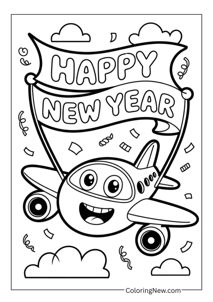 Cartoon airplane with smiling face pulling a banner reading “Happy New Year.”