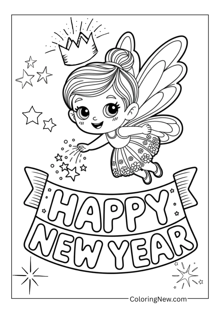 Cute fairy sprinkling star magic over a “Happy New Year” banner