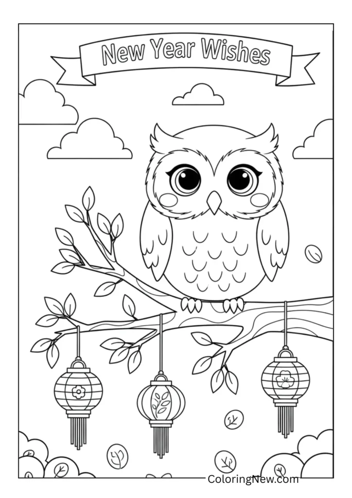 Cute owl perched on a tree branch with tiny lanterns and a “New Year Wishes” banner