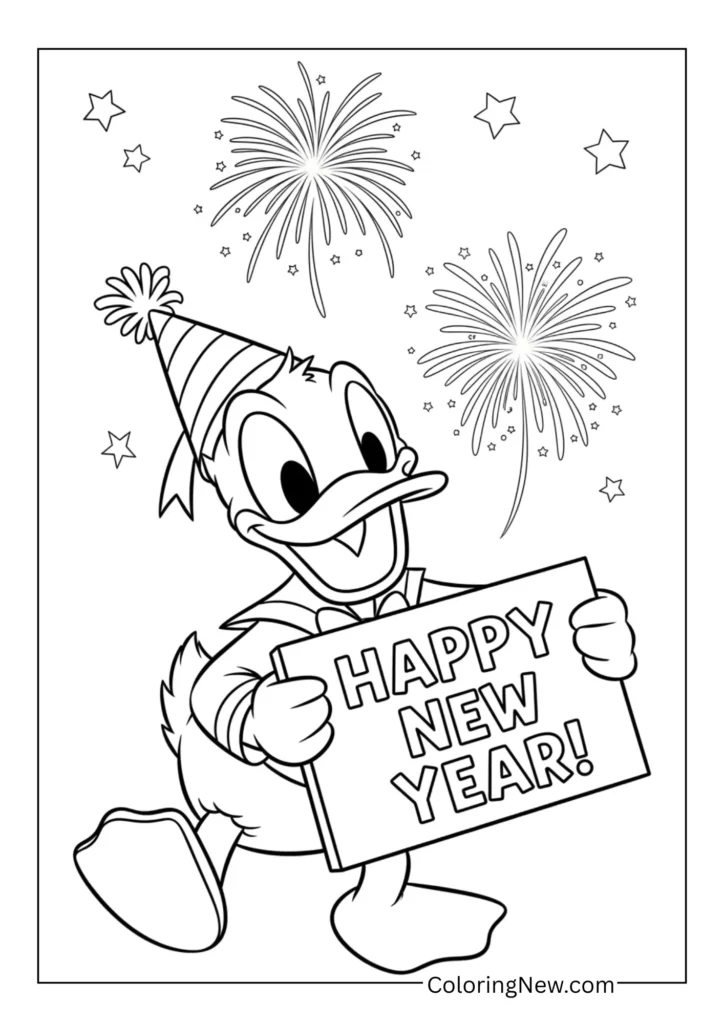 Donald Duck cheering with a New Year sign