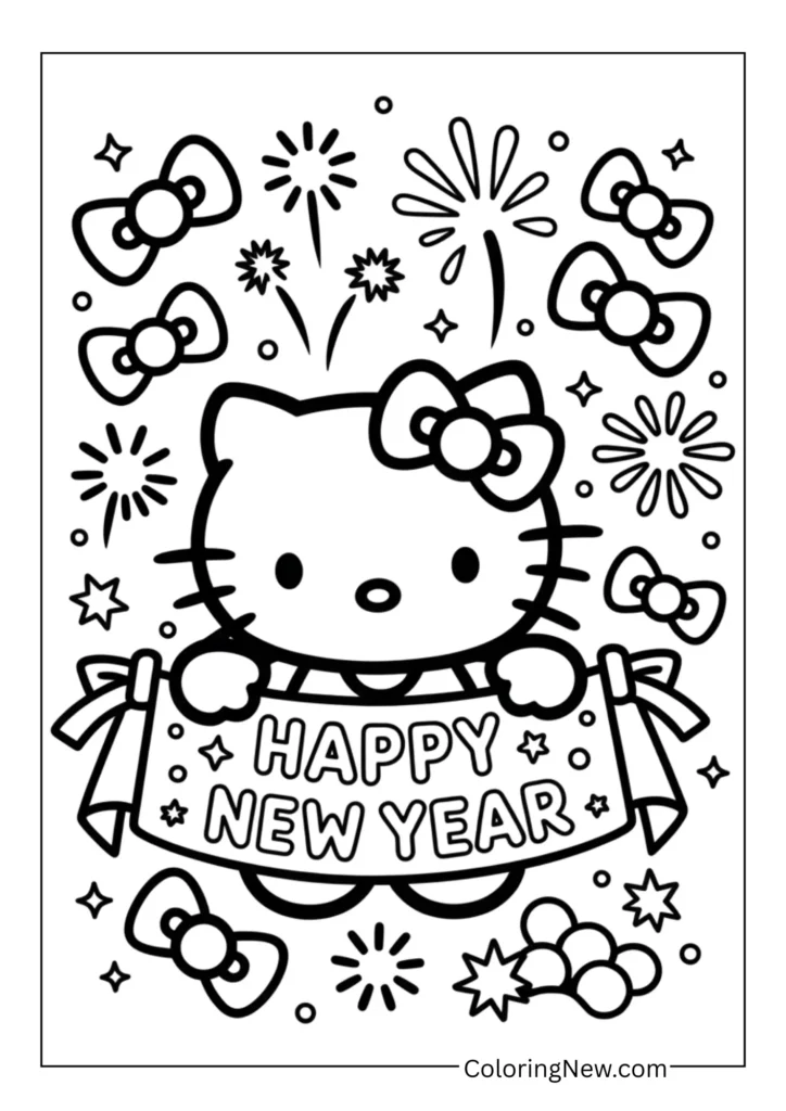 Hello Kitty holding a Happy New Year banner