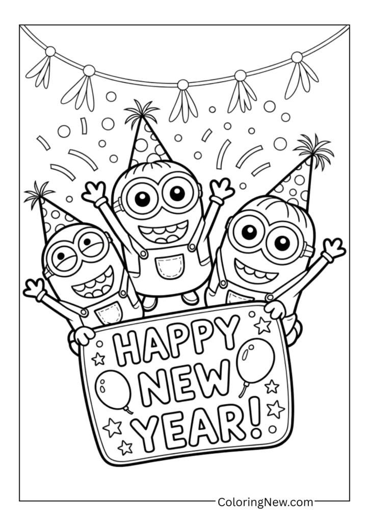 Minions throwing confetti, wearing silly party hats, holding a “Happy New Year!