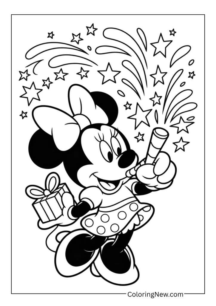 Minnie Mouse blowing a New Year horn