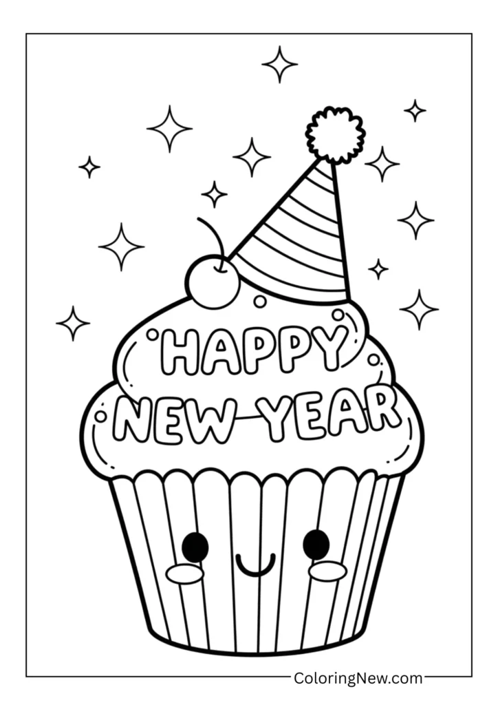 Smiling cupcake wearing a party hat with sparkles and “Happy New Year” frosting