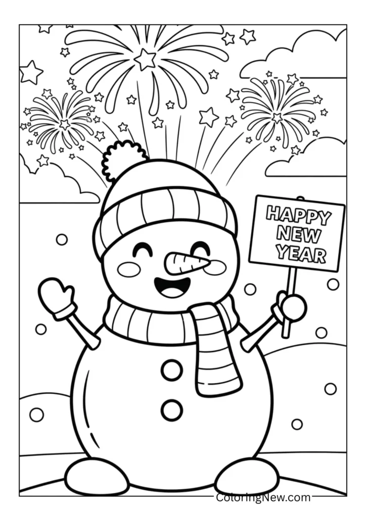 Smiling snowman with fireworks in the sky behind him