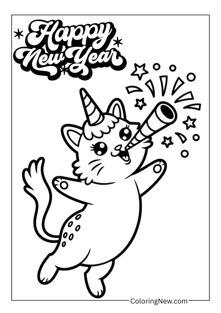 cat hybrid (“caticorn”) blowing a party horn with confetti bursts