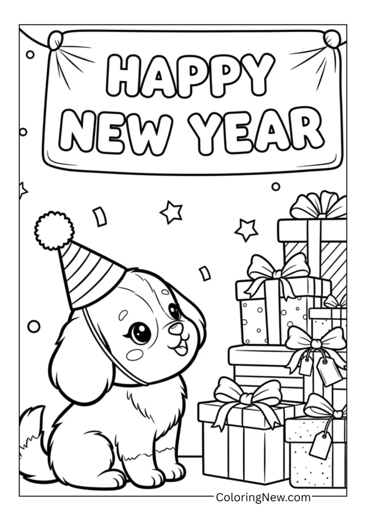 puppy sitting beside a stack of New Year gifts with a “Happy New Year”